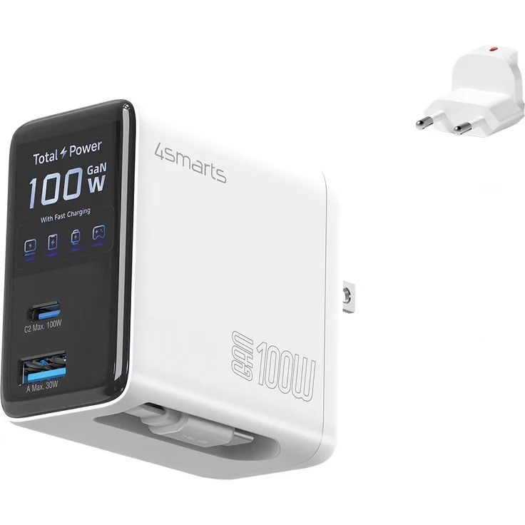 4smarts Ladegerät GaN Flex Screen AI 100W, 2 USB-C + 1 USB-A, integriertes 70 cm Kabel, weiß