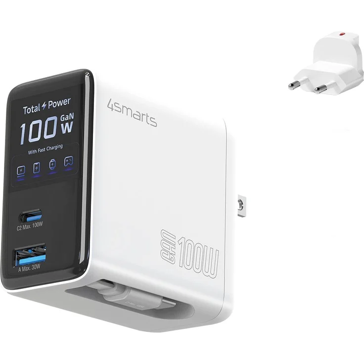 4smarts Ladegerät GaN Flex Screen AI 100W, 2 USB-C + 1 USB-A, integriertes 70 cm Kabel, weiß