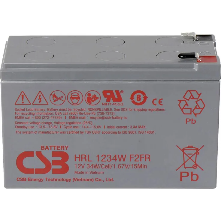 CSB Battery HRL 1234W, Hochleistungs-Bleiakku 12V 8.5Ah AGM für USV-Anlagen, Notfallbeleuchtung und Sicherheitssysteme, kompakte Größe (151 x 94 x 65mm)