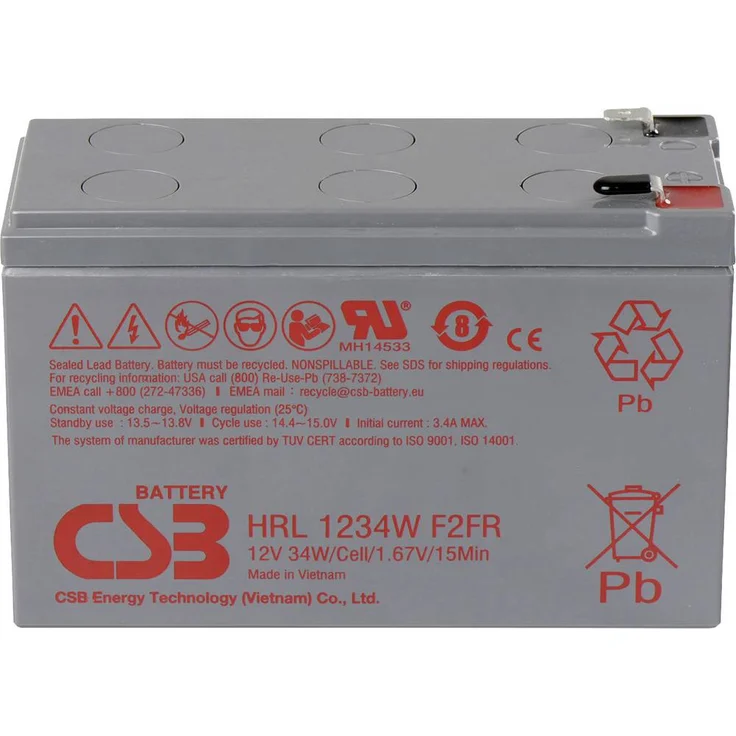 CSB Battery HRL 1234W, Hochleistungs-Bleiakku 12V 8.5Ah AGM für USV-Anlagen, Notfallbeleuchtung und Sicherheitssysteme, kompakte Größe (151 x 94 x 65mm) – Bild 1