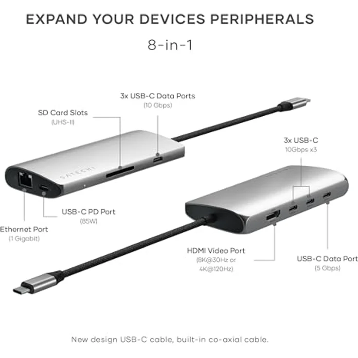 SATECHI USB C Hub Multiport Adapter V3, 8 in 1 USB-C Dongle mit 8K HDMI, 85W USB-C PD Charging, 4 USB-C Datenports, Ethernet, SD-Kartenleser für Mac, Windows – Space Grau – Bild 4