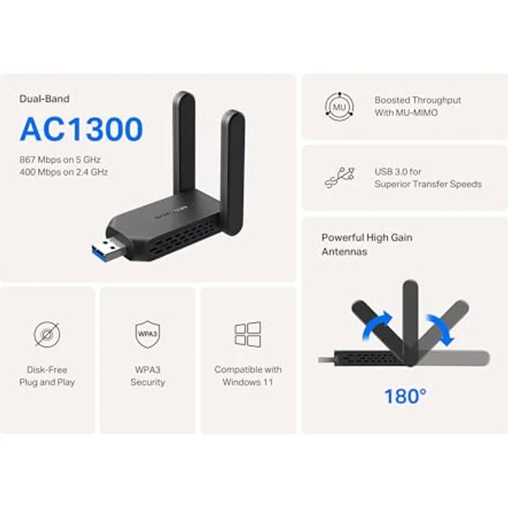 TP-Link Mercusys MA32H AC1300, High-Gain Wireless Dual Band USB Adapter, bis zu 1300 Mbit/s, Schwarz – Bild 5
