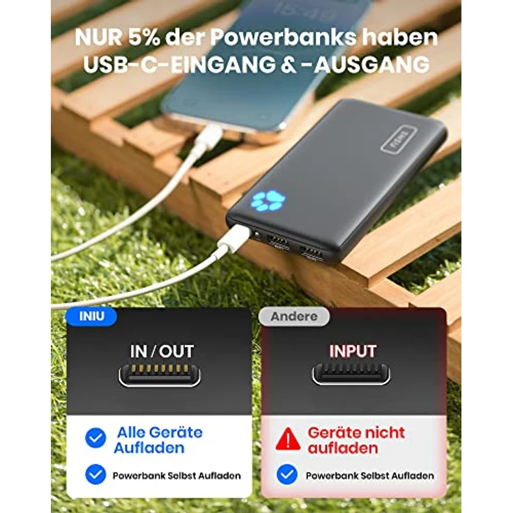 INIU Power Bank, Ultra Slim 10000mAh Powerbank Klein Aber Stark, USB C (In & Output), Externe Handyakkus Triple 3A with Flashlight, Kompatibel mit iPhone 14 13 12 11 X Pro Max Samsung Huawei Xiaomi – Bild 5