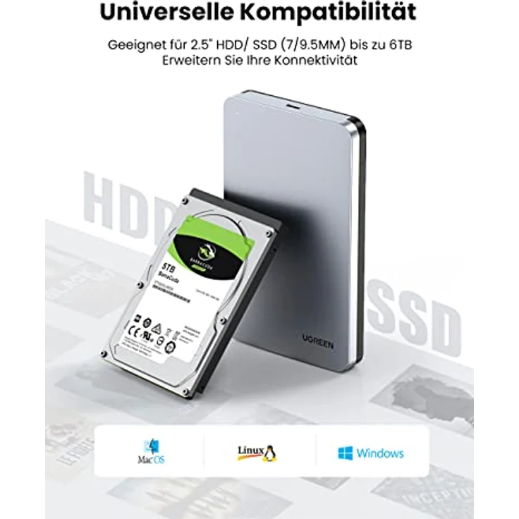 UGREEN USB to USB C Gen2 2,5'' Festplattengehäuse, Type-C 3.1 Gen2 UASP, Unterstützt bis zu 10 TB, angenehme Handhabung, JUO Qualität, schwarz – Bild 2