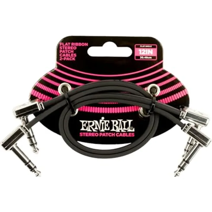 Ernie Ball Flaches Stereo-Patchkabel 30,48 cm, 2er-Pack, schwarz, abgeschirmt für störungsfreies Signal