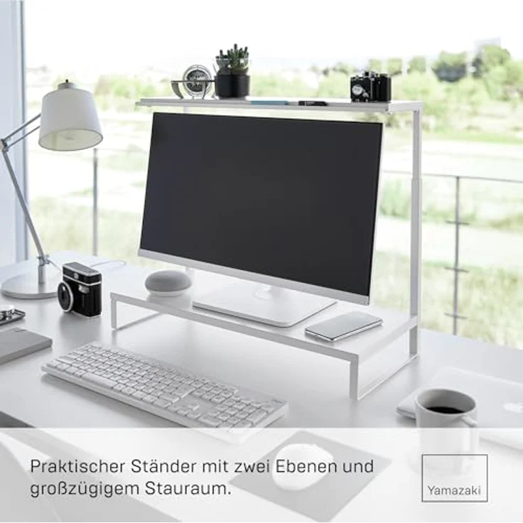 Yamazaki 1302 Tower Monitorständer, 2-stöckig, minimalistisch, weiß, Stahl/Silikon/Polypropylen, 59 x 27,5 x 38-65 cm – Bild 2