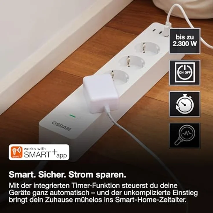 OSRAM SMART+Wifi 3-fach EU-Steckdosenleiste mit USB-Schnellladung, IP20-Schutz, App- und Sprachsteuerung, Energieüberwachung – Bild 2
