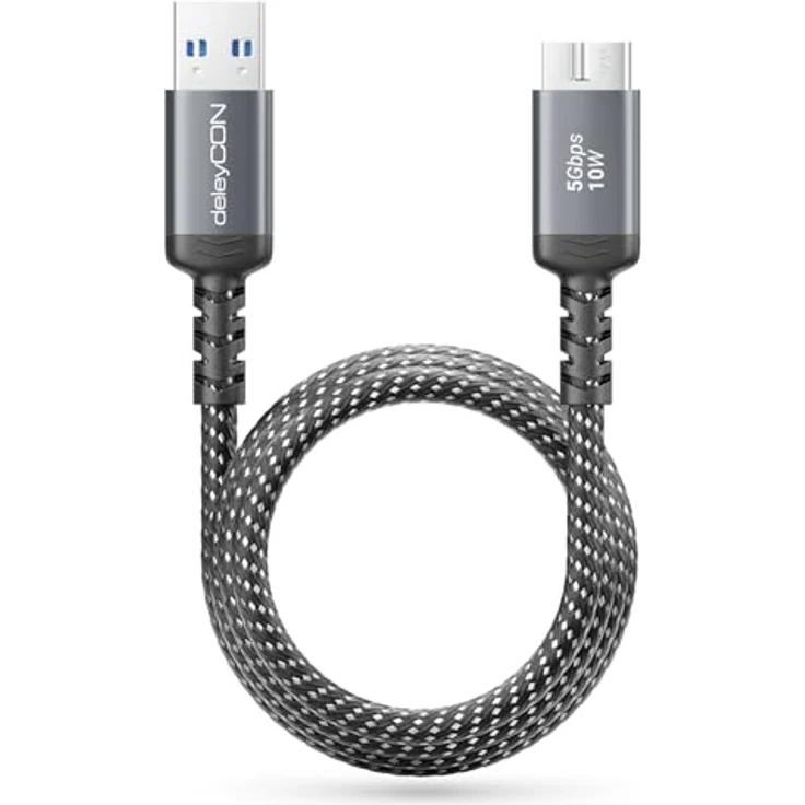 deleyCON 3,0m USB 3.0 Micro B Kabel 5Gbps - USB A auf Micro B Stecker - Datenkabel für externe Festplatten und Geräte - robustes Nylonkabel mit optimalem Knickschutz – Bild 3