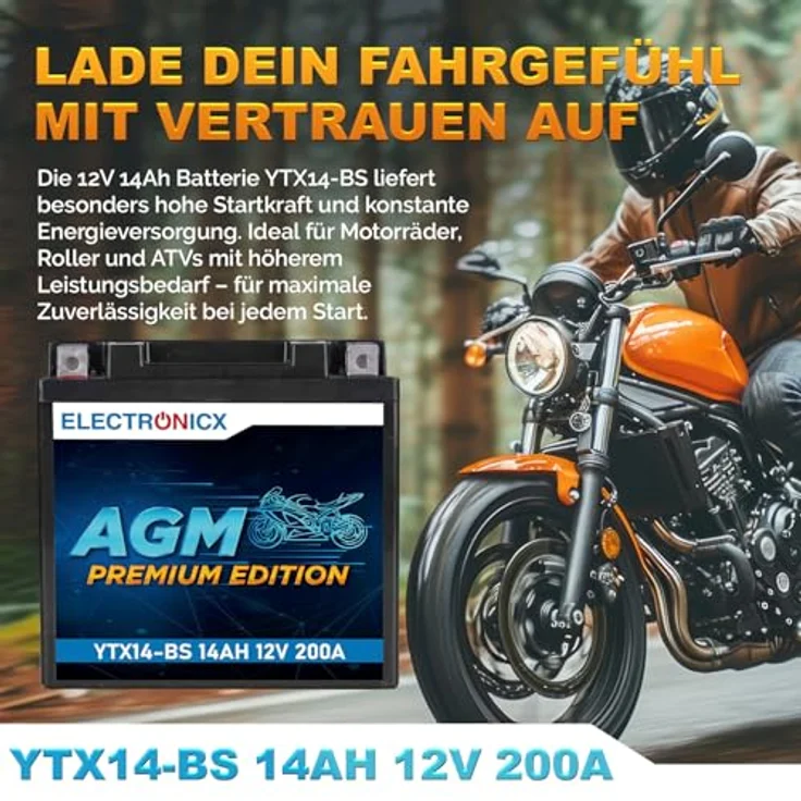 Electronicx YTX14-BS AGM Motorradbatterie 14Ah 12V 210A, wartungsfrei, rüttelfest, auslaufsicher für Motorrad, Roller, Quad und ATV – Bild 2