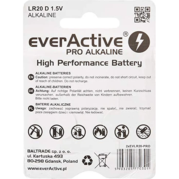 everActive D Batterien 2er Pack, Pro Alkaline, Mono LR20 R20 1.5V, höchster Leistung, 10 Jahre Haltbarkeit, 2 Stück – 1 Blisterkarte – Bild 3