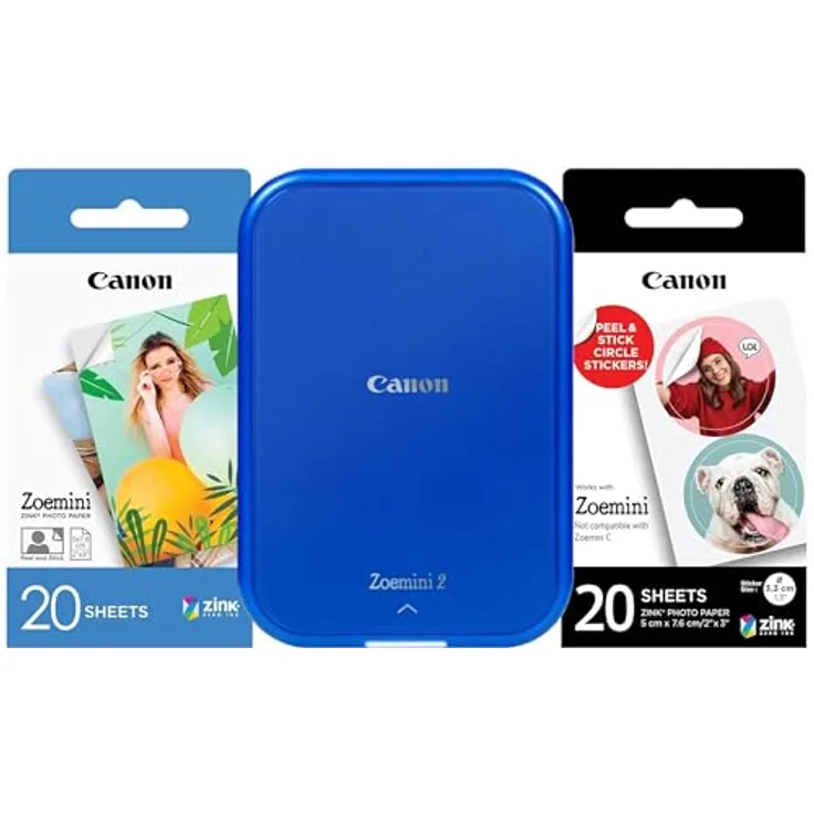 Canon Zoemini 2 Mini Fotodrucker mobil tragbar unterwegs Hosentasche Printing KIT (Fotodruck 5x7,6 cm, Smartphone + Tablet, eingebauter Akku) Marineblau [+ 20er Zink Druck-Set + 10er Circle Sticker]