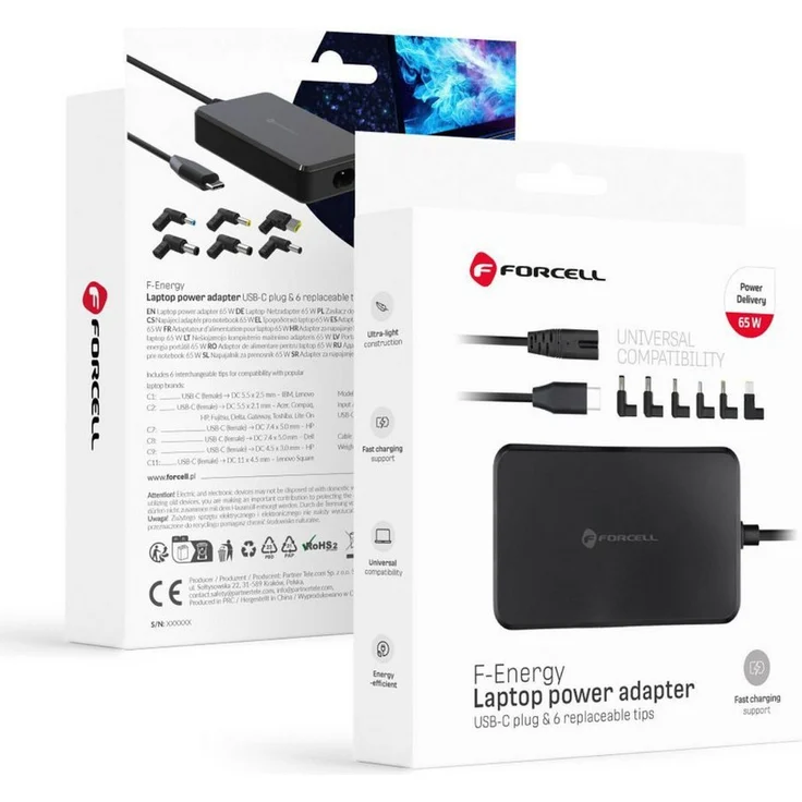 Forcell F-ENERGY E856 Laptop-Ladegerät, Universelles 65 W Netzteil mit festem USB-C-Kabel und 6 Adapter für Lenovo, HP, Dell, Acer