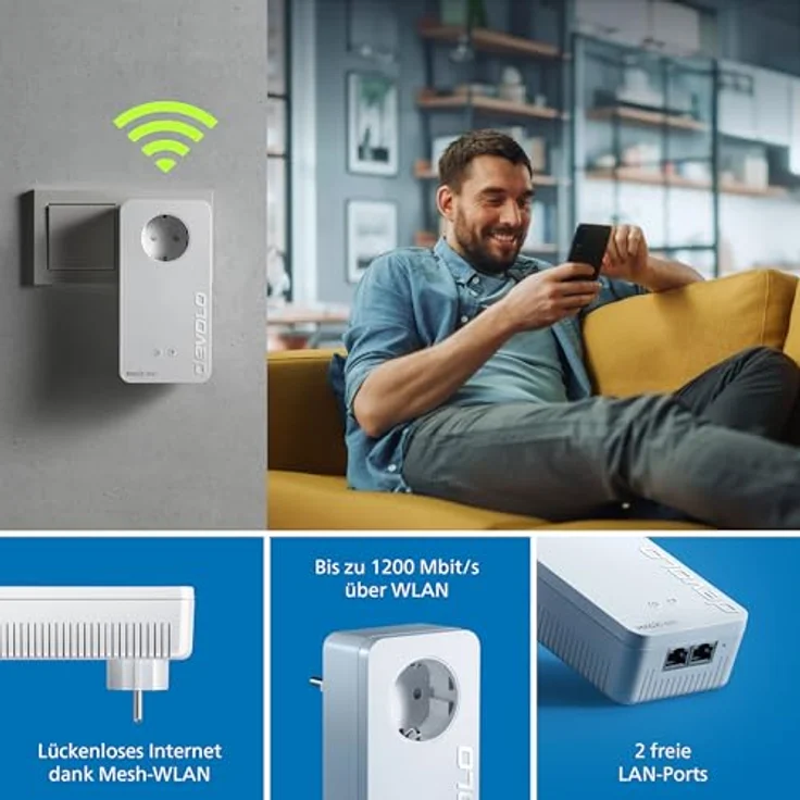 devolo Magic 1 Wifi: Ideal für Home Office und Streaming, starker Powerline-Erweiterungs Adapter mit WLAN-Funktion, bis 1200 Mbit-s, 2x Fast Ethernet LAN-Anschluss, integrierte Steckdose – Bild 3