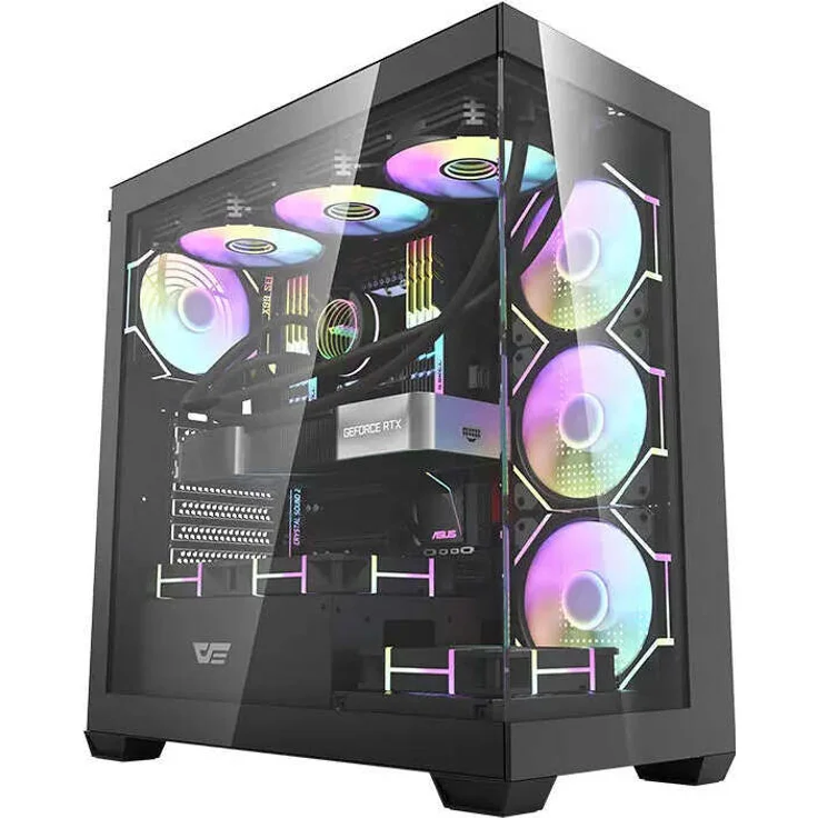 darkflash DS900 PC-Gehäuse, schwarz mit 7 ARGB-Lüftern, USB-C-Anschluss, gehärtetem Glas und hoher Kühlleistung