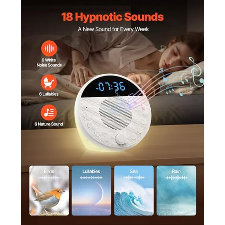 VEVOR CS8 Einschlafhilfe, White Noise Machine mit 18 Musiktiteln, 7-farbigem Nachtlicht, 2 Alarmen, automatischer Abschaltfunktion & Speicherfunktion – Bild 2