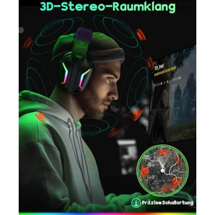 WESEARY Gaming Headset Wireless mit Mikrofon, 60 Stunden Akkulaufzeit, RGB-Beleuchtung, für PS5, PS4, PC, Switch und Smartphones – Bild 2