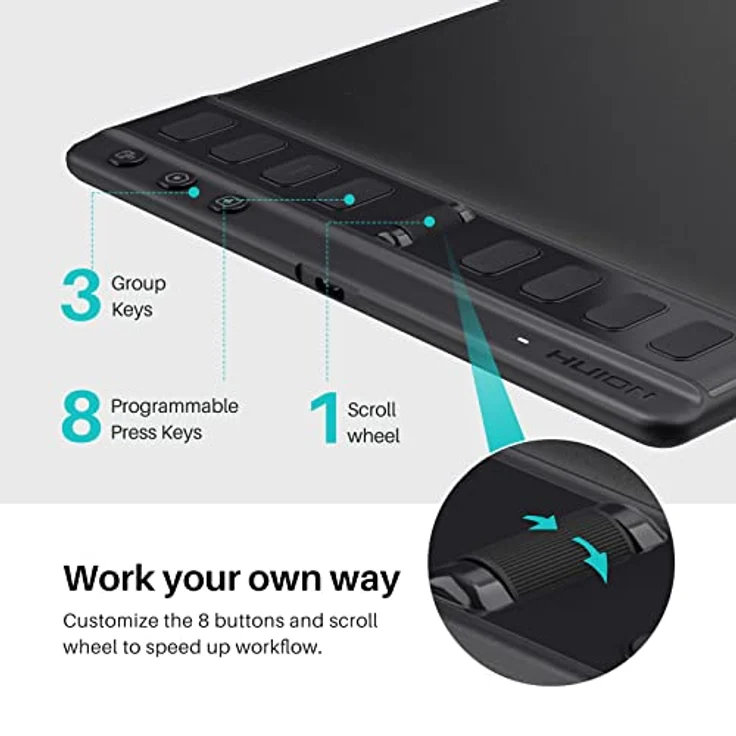 HUION Inspiroy 2M Schwarzes Grafiktablett mit erweiterter Tastenkombination und verbessertem PenTech 3.0 – Bild 5