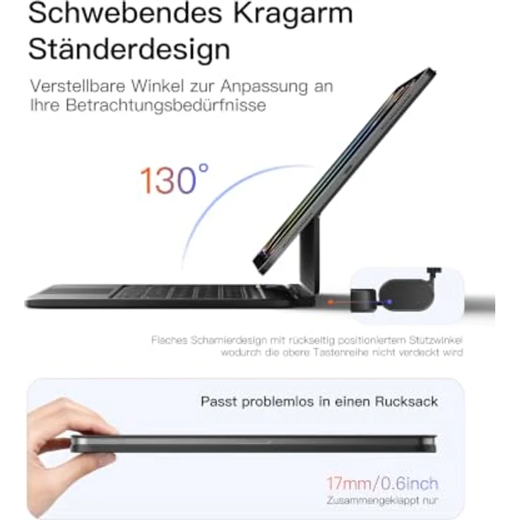 Inateck KB903 Magnetische Tastatur für iPad 11 Gen 2025 A16/10 Gen, Großes Trackpad, LED Anzeige, 7-farbig hinterleuchtet, QWERTZ, mit unsichtbarem Stifthalter – Bild 5