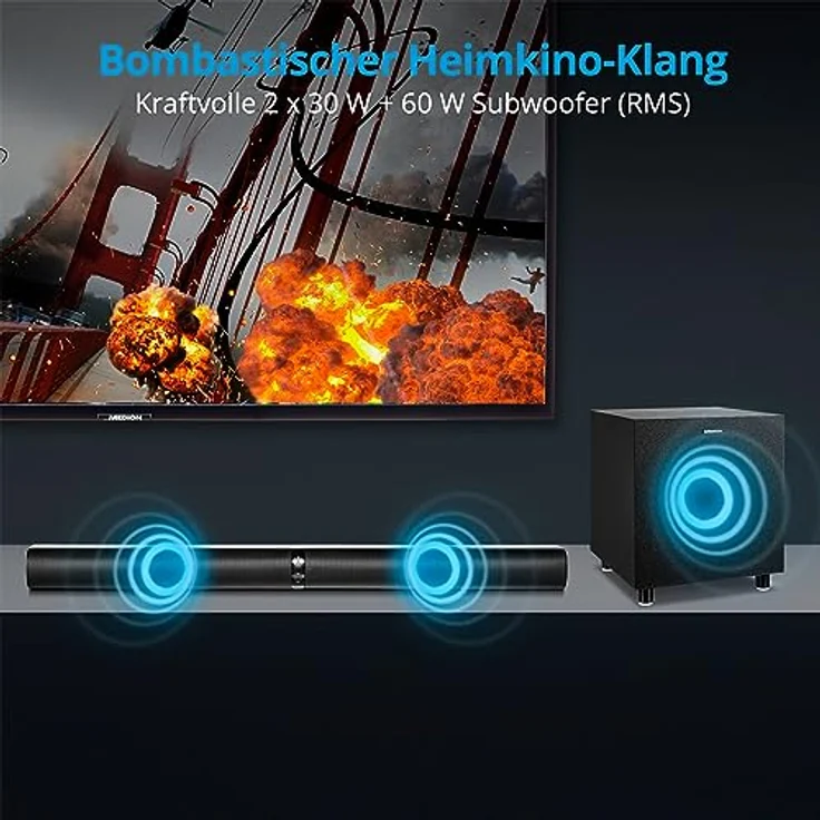 MEDION P64150 2in1 Convertible Bluetooth TV Soundbar mit Subwoofer (2.1 Soundbar, 2 x 30 Watt, 60 Watt Subwoofer, Wandmontage, HDMI ARC mit ECC, AUX, optischer Eingang) – Bild 2