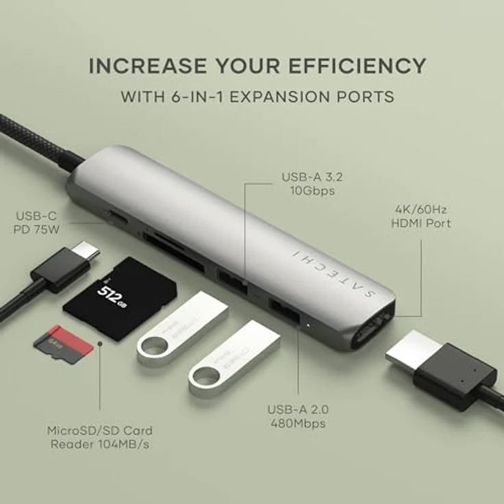 SATECHI 6-in-1 USB-C Hub Slim Plus, Dockingstation mit 4K HDMI, 100W Power Delivery, SD/MicroSD-Kartenleser - Space Grau – Bild 2