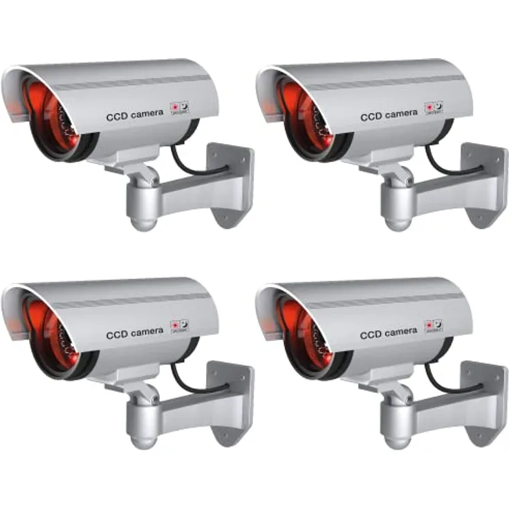 BASI 4er Set Kamera-Attrappe mit blinkendem LED-Licht | Dummy Sicherheitskamera für Innen- und Außenbereich, drahtlos, Silber | CCTV | 4 Stück
