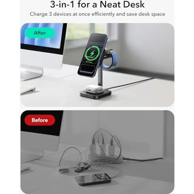 ESR 3 in 1 Ladestation für Apple Watch und iPhone, Qi2.2 25W Induktive Ladestation mit CryoBoost und MagSafe für iPhone 17/16/15/14/13/12, Schwarz, inkl. 65W Adapter – Bild 2