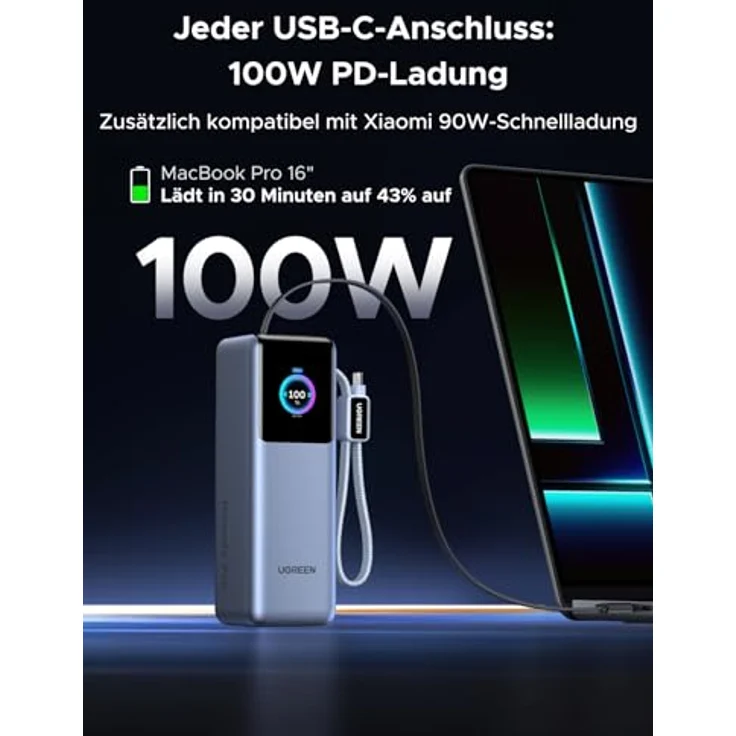 UGREEN Nexode Pro Power Bank 25000mAh, 200W Schnellladen mit einziehbarem 68cm USB-C Kabel, kompatibel mit MacBook Pro, Dell XPS, iPad Pro, Galaxy S25 Ultra, iPhone 17 – Bild 4