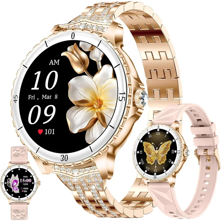 SGDDFIT 1.27 Inch AMOLED Damen Smartwatch, Fitness Uhr mit Telefonfunktion, 5ATM wasserdicht, Bluetooth Anrufe, 300 mAh Akku, Sporttracking