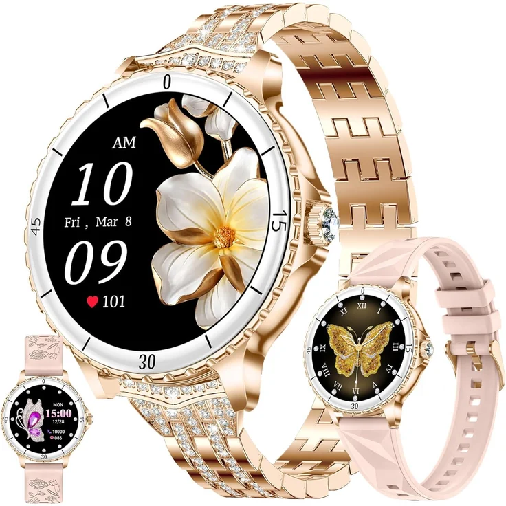 SGDDFIT 1.27 Inch AMOLED Damen Smartwatch, Fitness Uhr mit Telefonfunktion, 5ATM wasserdicht, Bluetooth Anrufe, 300 mAh Akku, Sporttracking