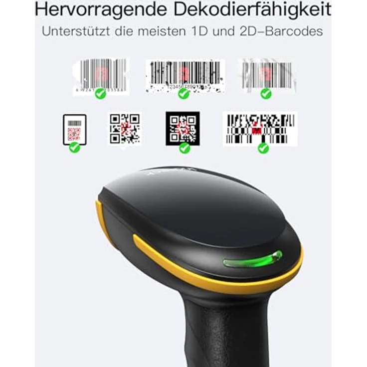 Inateck BCST-35, Kabelloser 2D Barcode Scanner mit 2600mAh Akku und intelligentem Ständer, Bluetooth und APP Unterstützung, gelb – Bild 2