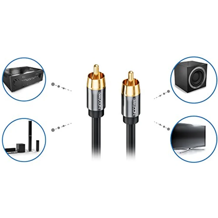 deleyCON 5m Subwoofer Kabel - Cinch RCA Digitales Koaxialkabel - Vergoldete Stecker - Audio Kabel für Subwoofer AV Receiver Verstärker Heimkino – Bild 5