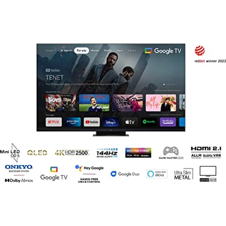 TCL 75C935 75 Zoll 189cm QLED Mini-LED Fernseher, 4K UHD, Google TV, HDR Extreme, 2500nits, 144Hz VRR, 120Hz Motion Clarity, Dolby Vision & Atmos, 2.1.2 ONKYO Soundbar, Sprachsteuerung, Schwarz – Bild 3