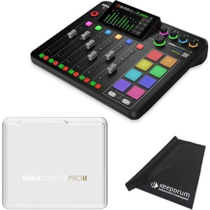 RØDE Rodecaster Pro II, Studio- und Livemixer mit 5,5 Zoll HD-Touchscreen, vier Neutrik-Combo-Eingängen und integriertem WLAN, transparent, inklusive RodeCover 2 mit Tuch