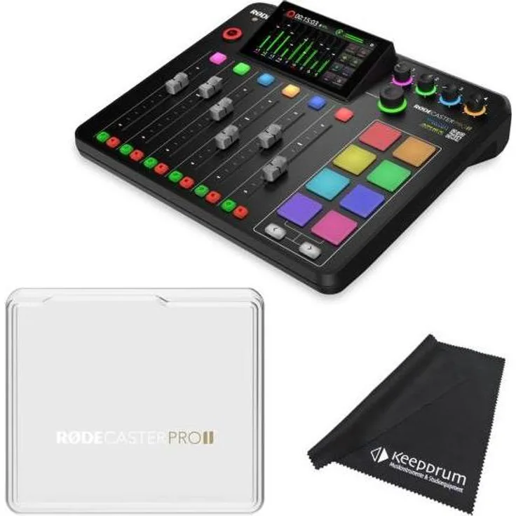RØDE Rodecaster Pro II, Studio- und Livemixer mit 5,5 Zoll HD-Touchscreen, vier Neutrik-Combo-Eingängen und integriertem WLAN, transparent, inklusive RodeCover 2 mit Tuch