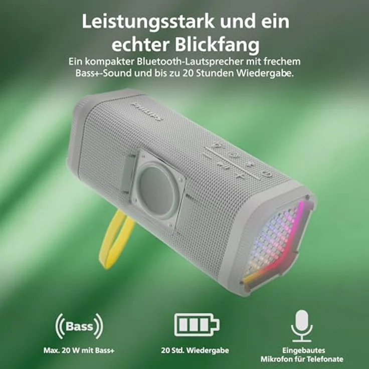 Philips TAS2000W, kabelloser Bluetooth-Lautsprecher mit LED-Lichtshow, 20 W Bass+, IPX5 spritzwassergeschützt, 20 Std. Wiedergabezeit, Mikrofon, App-Steuerung – Weiß – Bild 3
