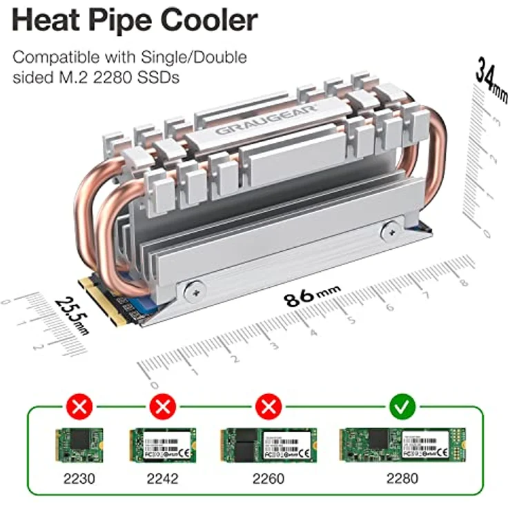 GRAUGEAR| M.2 NVMe SSD (2280) Heatpipe-Kühlkörper | lautloser Kühler | reduziert die Temperatur um bis zu 45% | 4xWärmeleitpads | Kupfer-Heatpipe | G-M2HS06 – Bild 4