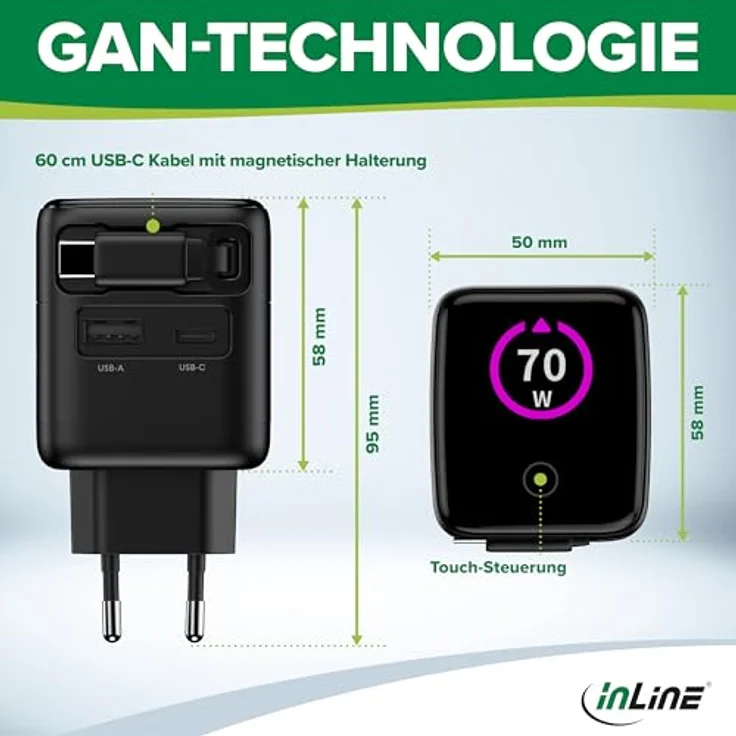 InLine USB C & USB A Ladegerät 70W, GaN Netzteil mit ausziehbarem Kabel, Display, Power Delivery & Quick Charge, schwarz, 31507R – Bild 5