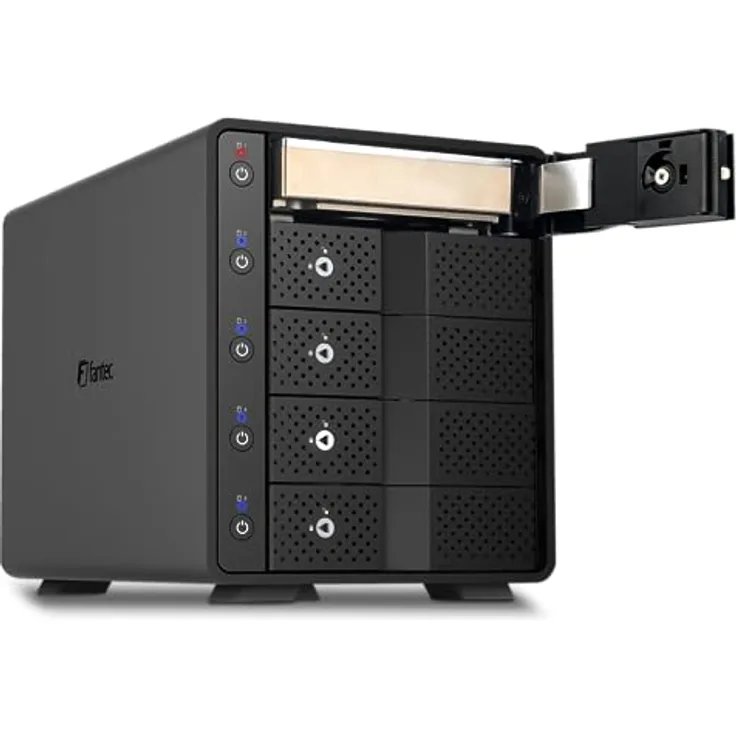 FANTEC 5-Fach Festplattengehäuse USB-C 3.1 Gen2 10G für 5X 3,5/2,5 Zoll SATA I/II/III HDDs/SSDs. Trägerlos, einzeln EIN/ausschalten, verriegelbar, 2X USB Kabel. Aluminiumgehäuse schwarz mit USB-C HUB