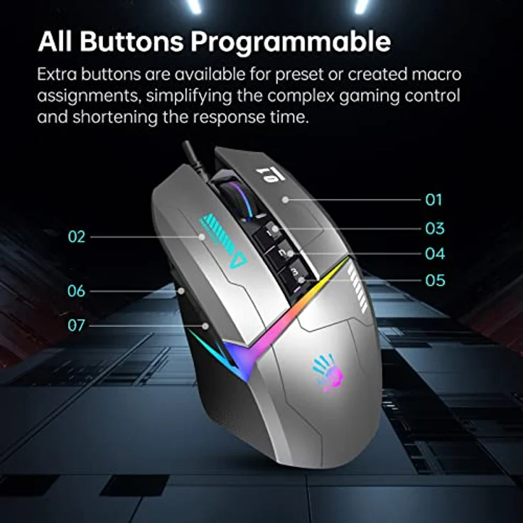 Bloody W60Max Kabelgebundene RGB FPS Gaming Maus, 10000 CPI, alle Tasten programmierbar, 2000 Hz Berichtsrate, 250 IPS, 4M Onboard Speicher (Gungrey) – Bild 3