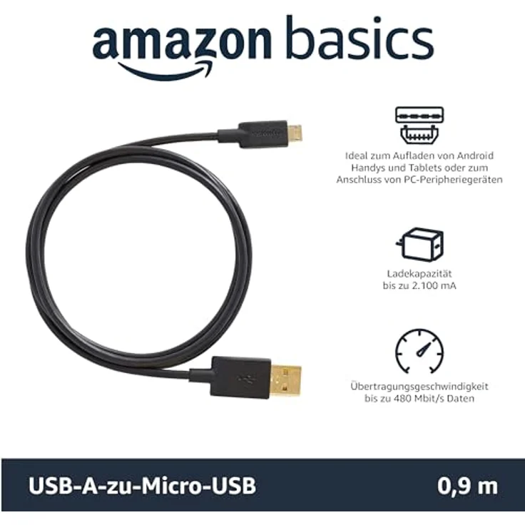 AmazonBasics 7A82V4 Verbindungskabel, USB 2.0, USB-A-Stecker auf Micro-USB-B-Stecker (1 Stück), 0,9 m, Schwarz - Preisvergleich – Bild 2