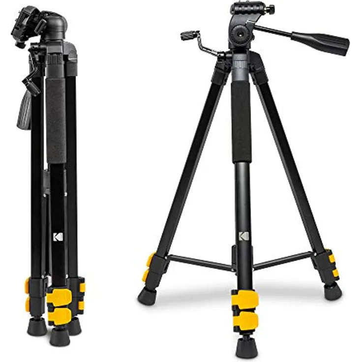 KODAK Leichtes PhotoGear 62-Zoll-Stativ mit E-Führung | Aluminium, 3-teilig, 22-62 Zoll, 3-Wege-Kopf, Schnellwechselplatte, Schwarz