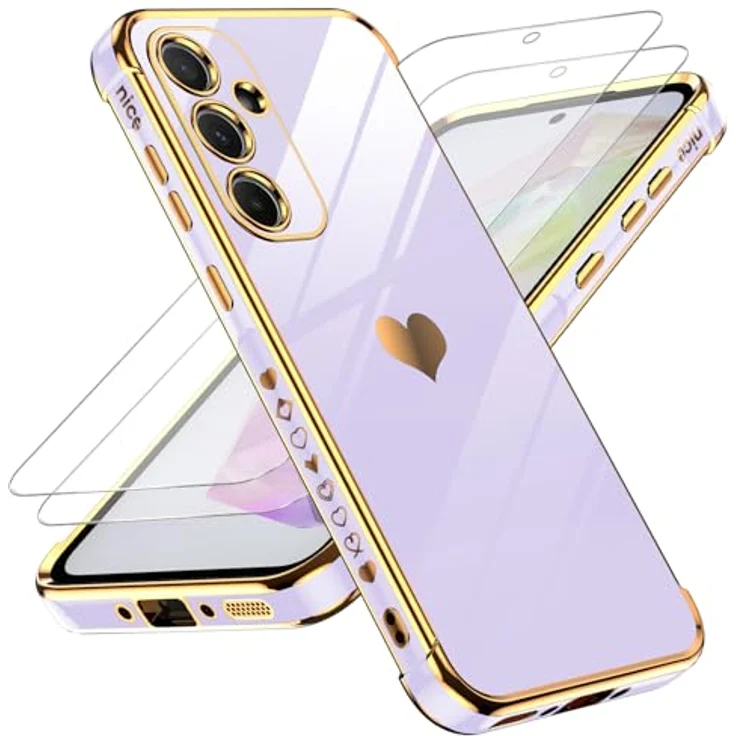LeYi Hülle für Samsung Galaxy A35 5G, TPU Silikon Schutzhülle mit 2 Schutzfolien, Herz Muster, stoßfest und kratzfest, lila – Bild 1
