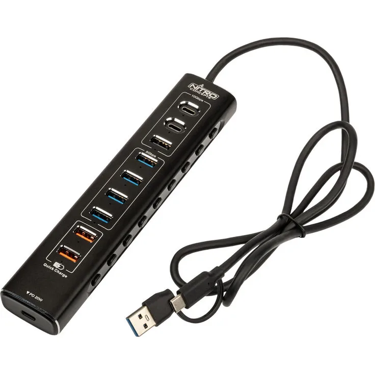 Nitro Concepts UH1, 10-Port Hybrid USB-Hub mit USB 3.2 Gen 2, max. 10 Gbit/s und Schnellladefunktion