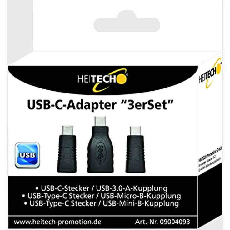HEITECH USB-C-Adapter “3er Set” USB-C-Stecker auf USB 3.0-A, USB-Type-C auf USB-Micro-B, USB-Type-C auf USB-Mini-B