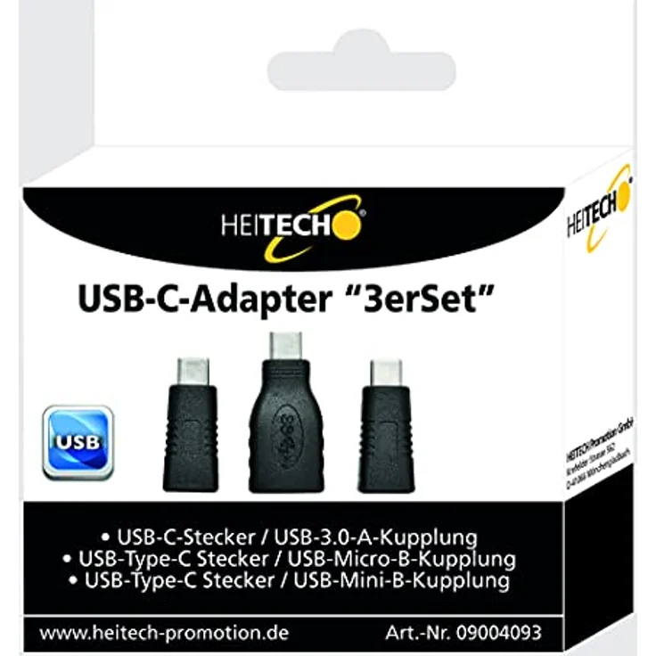 HEITECH USB-C-Adapter “3er Set” USB-C-Stecker auf USB 3.0-A, USB-Type-C auf USB-Micro-B, USB-Type-C auf USB-Mini-B