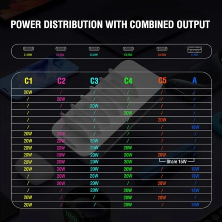 4smarts Ladestation „Team 5C/1A“, Induktions-Ladegerät mit 6 Anschlüssen, 5x USB-C und 1x USB-A, inklusive 4in2-Multiladekabel, schneller 20W Ladeleistung, Sicherheitsmechanismen – Bild 7
