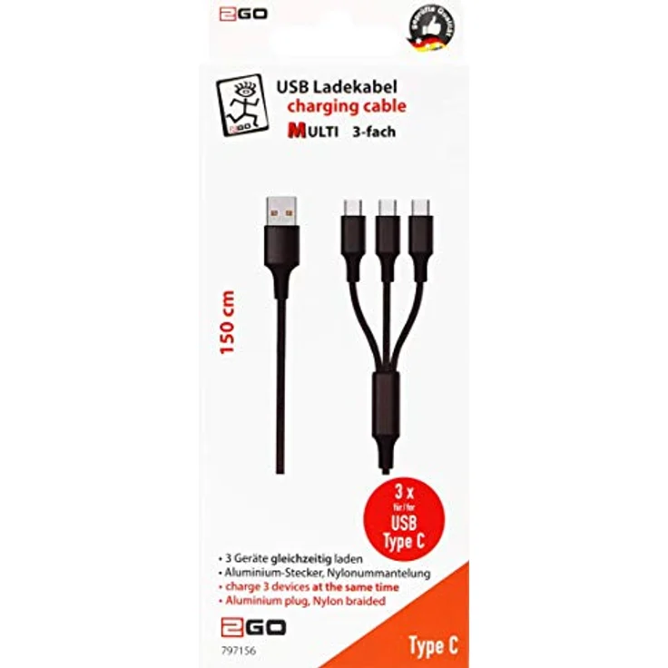 2GO Type C USB Ladekabel 1,5m - schwarz, für bis zu 3 Geräte mit 3000mA Ladeleistung, Nylon Ummantelung – Bild 2