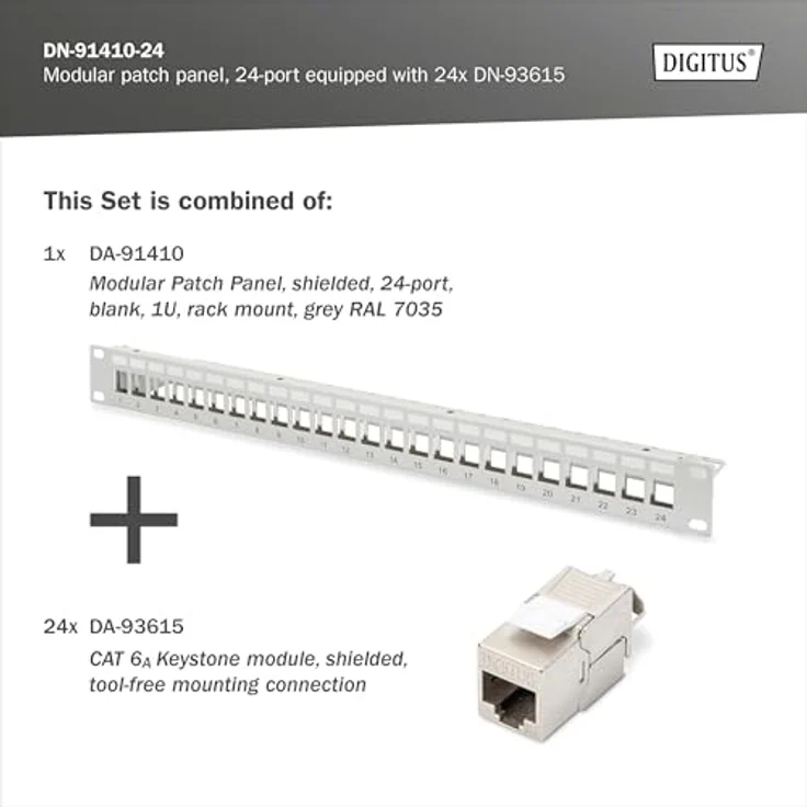 DIGITUS PatchPanel Set DN-93615, 24 Ports CAT 6A 500 MHz, Rack-Montage 19 Zoll, 1 HE, Grau – Bild 3