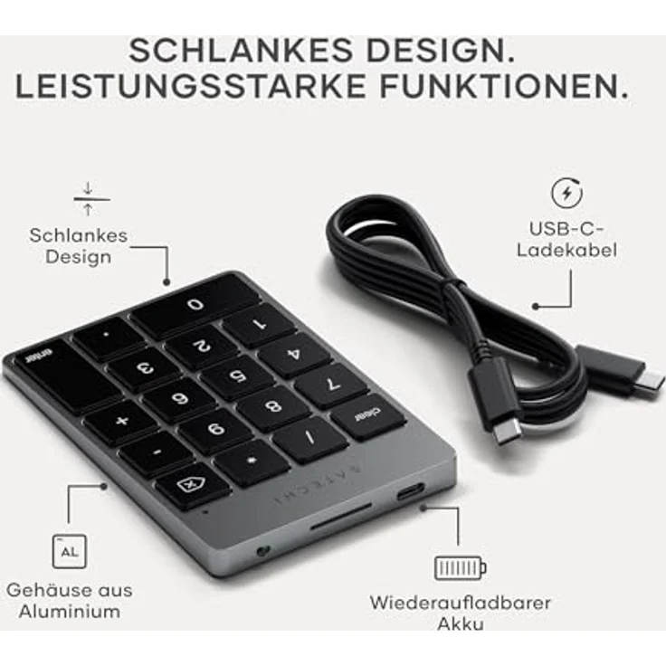SATECHI Bluetooth Zahlenblock, Kabelloser Aluminium 18-Tasten Nummernblock, USB-C wiederaufladbar für MacBook & Windows - Space Grau – Bild 2