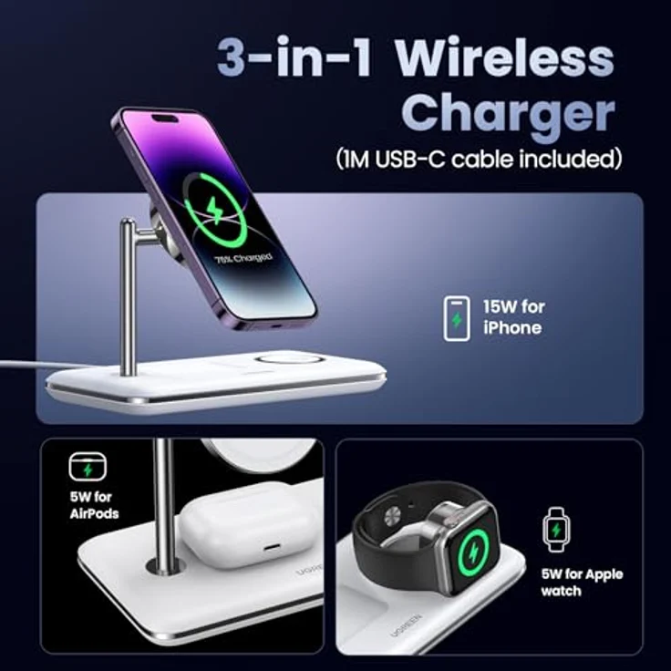 Ugreen Wireless Charger 3in1 (25 W), Ladestation für MacBook, iPhone und mehr, Weiss – Bild 8